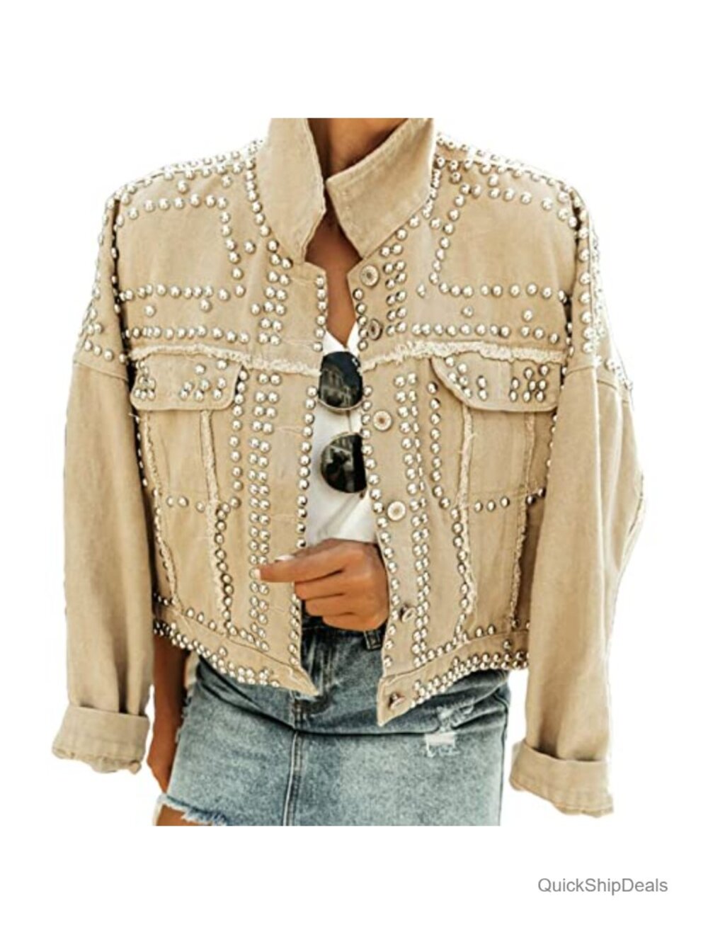 Women's Fringe Denim Jacket Studded Western Trucker Crop Jacket